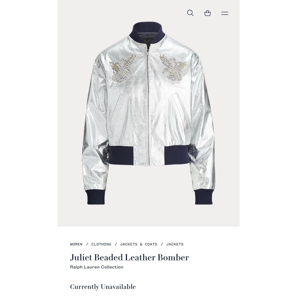 Ralph Lauren Collection Juliet Beaded Lamb Leather Bomber Jacket Silver Size 10 - Picture 16 of 16